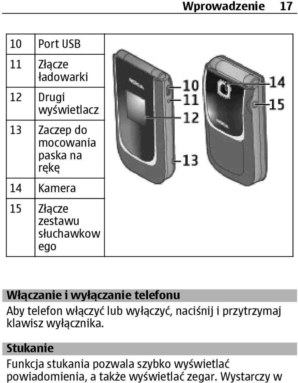 telefonu Aby telefon włączyć lub wyłączyć, naciśnij i przytrzymaj klawisz wyłącznika.