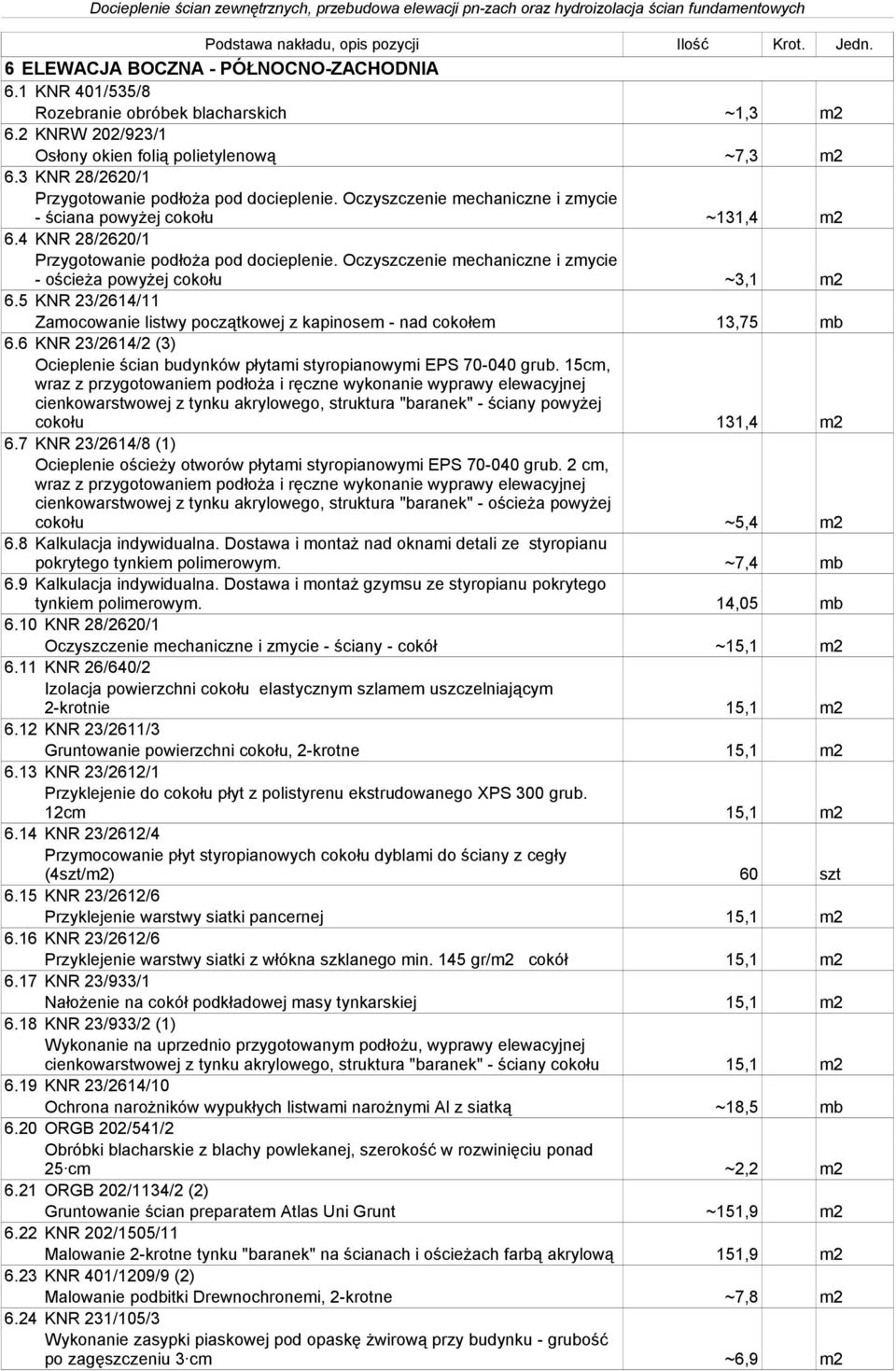 6 KNR 23/2614/2 (3) Ocieplenie ścian budynków płytami styropianowymi EPS 70-040 grub. 15cm, cienkowarstwowej z tynku akrylowego, struktura "baranek" - ściany powyżej cokołu 131,4 m2 6.