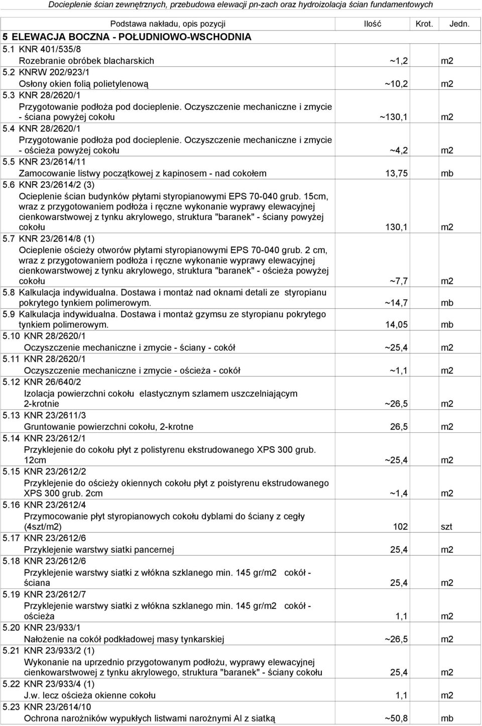 6 KNR 23/2614/2 (3) Ocieplenie ścian budynków płytami styropianowymi EPS 70-040 grub. 15cm, cienkowarstwowej z tynku akrylowego, struktura "baranek" - ściany powyżej cokołu 130,1 m2 5.