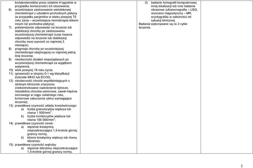 (czas trwania odpowiedzi na leczenie lub stabilizacji choroby musi wynosić co najmniej 3 miesiące); 8) progresja choroby po wcześniejszej chemioterapii obejmującej co najmniej jedną linię leczenia;