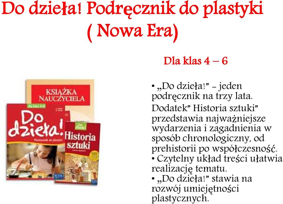 Dodatek Historia sztuki przedstawia najważniejsze wydarzenia i zagadnienia w sposób