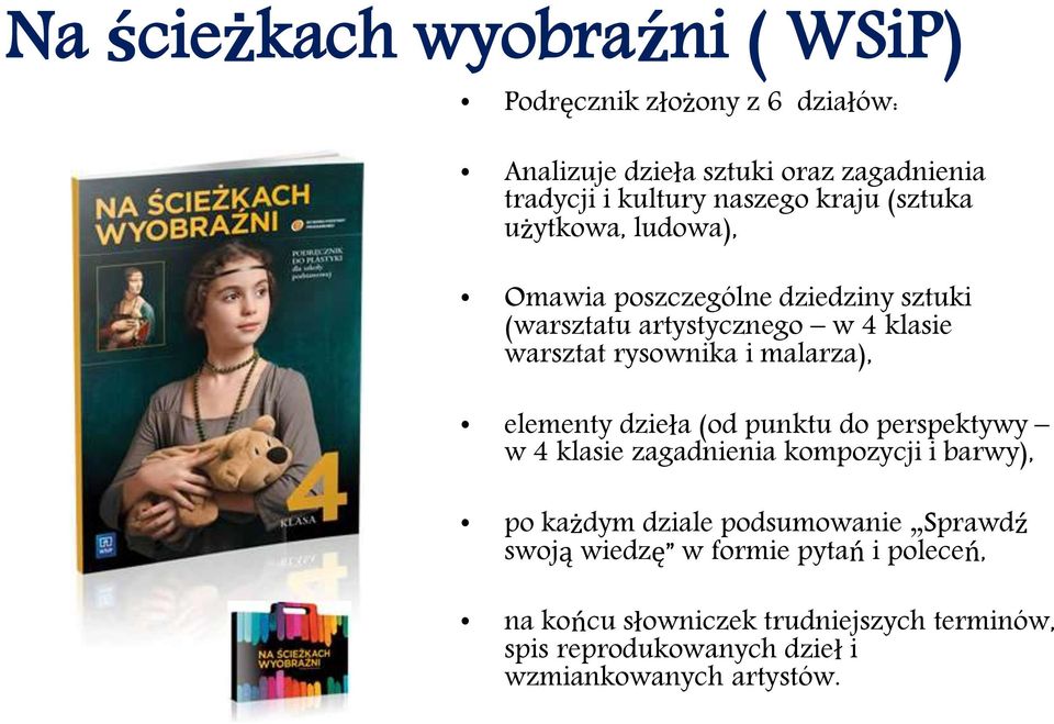 malarza), elementy dzieła (od punktu do perspektywy w 4 klasie zagadnienia kompozycji i barwy), po każdym dziale podsumowanie