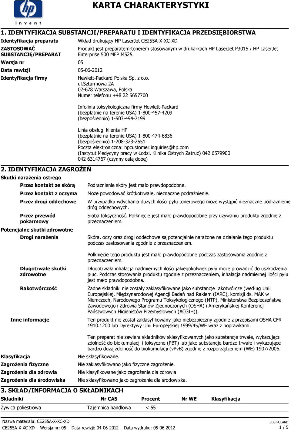 IDENTYFIKACJA ZAGROśEŃ Skutki naraŝenia ostrego Przez kontakt ze skórą Przez kontakt z oczyma Przez drogi oddechowe Przez przewód pokarmowy Potencjalne skutki zdrowotne Drogi naraŝenia Wkład