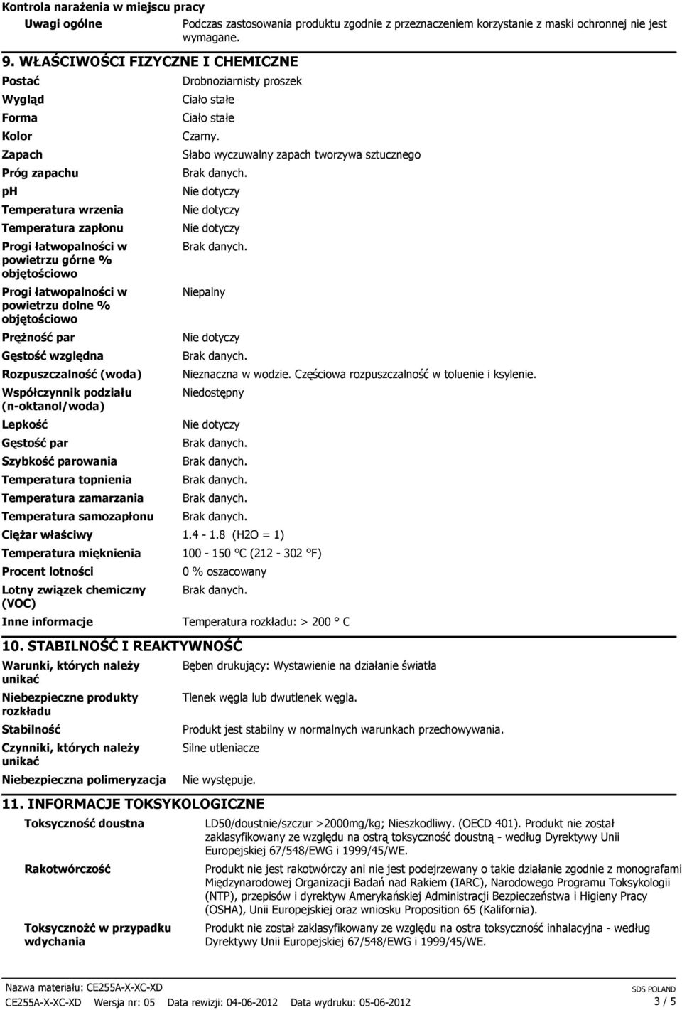 powietrzu dolne % objętościowo PręŜność par Gęstość względna Rozpuszczalność (woda) Współczynnik podziału (n-oktanol/woda) Lepkość Gęstość par Szybkość parowania Temperatura topnienia Temperatura