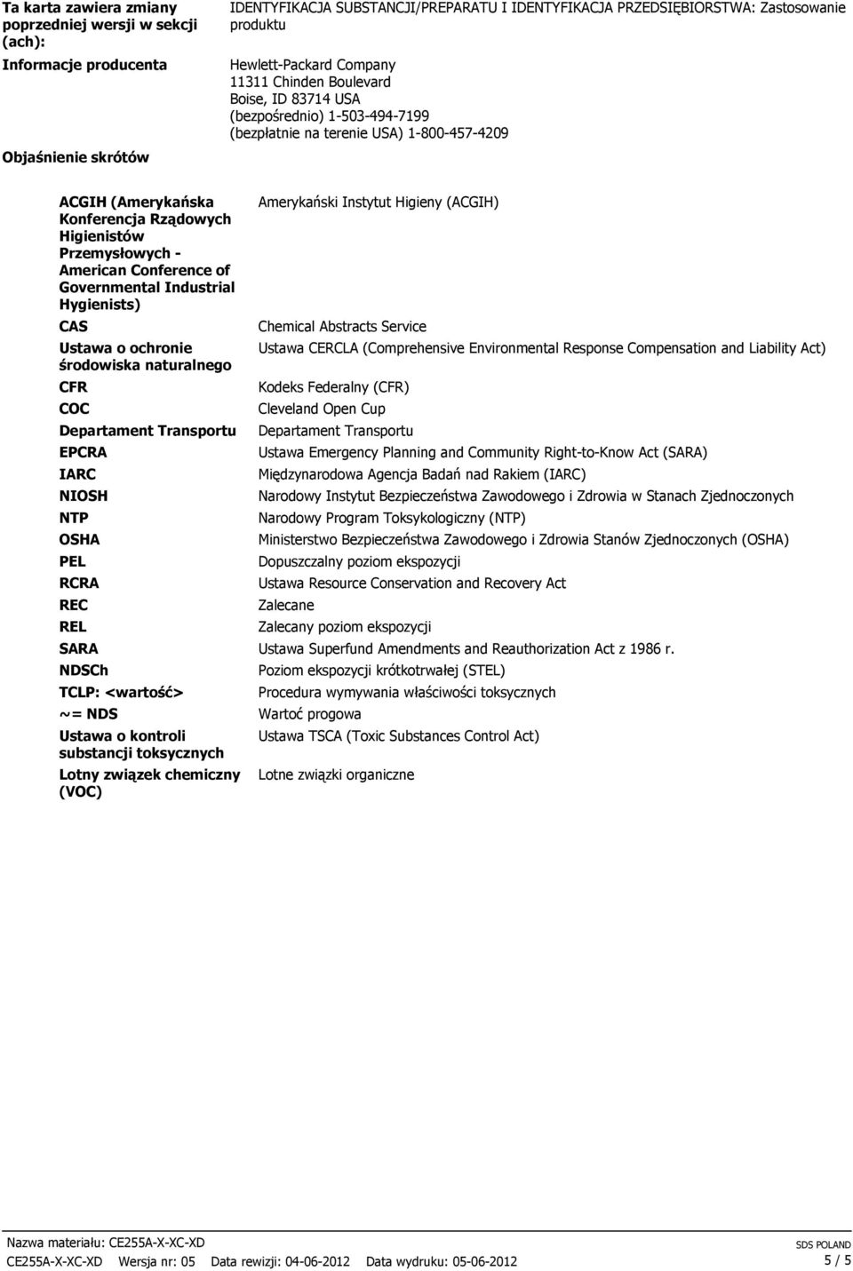 Przemysłowych - American Conference of Governmental Industrial Hygienists) CAS Ustawa o ochronie środowiska naturalnego CFR COC Departament Transportu EPCRA IARC NIOSH NTP OSHA PEL RCRA REC REL SARA