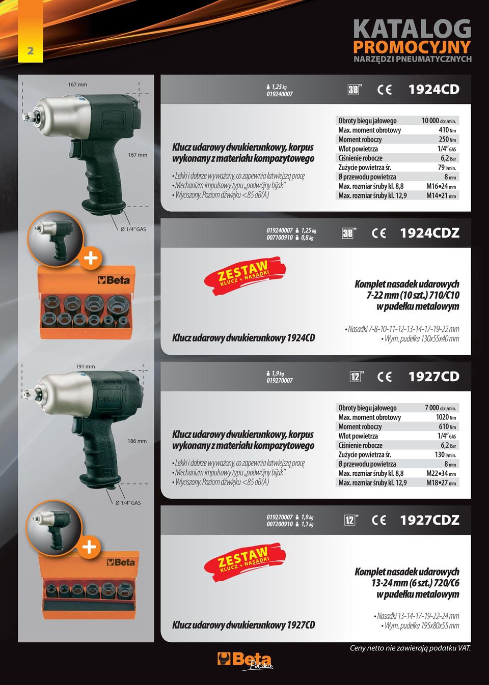 M16 24 M14 21 019240007 007100910 1,25 kg 0,8 kg 1924CDZ K LU C Z + N A S A D K I Komplet nasadek udarowych 7-22 (10 szt.