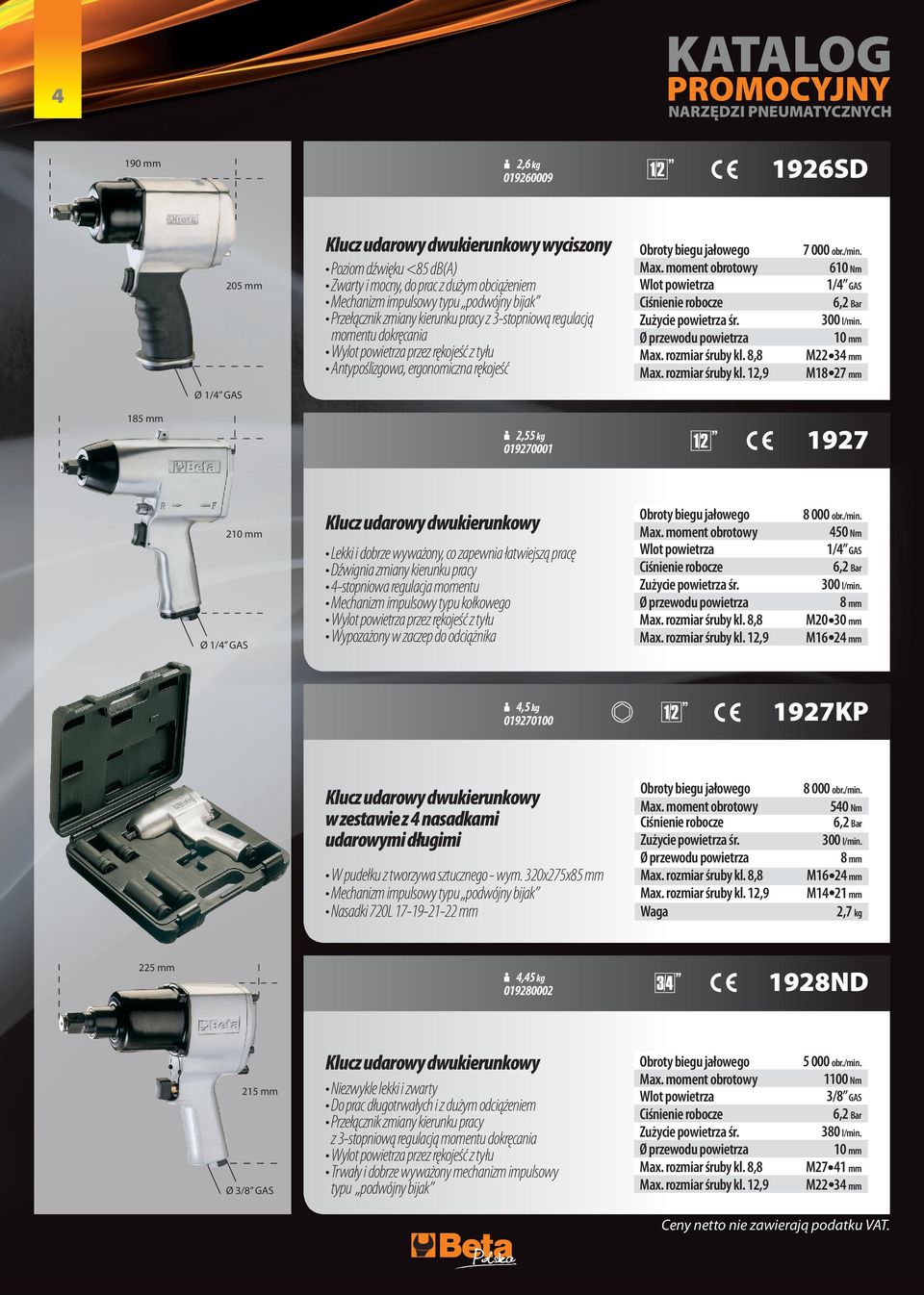 10 M22 34 M18 27 185 2,55 kg 019270001 1927 210 Klucz udarowy dwukierunkowy Lekki i dobrze wyważony, co zapewnia łatwiejszą pracę Dźwignia zmiany kierunku pracy 4-stopniowa regulacja momentu