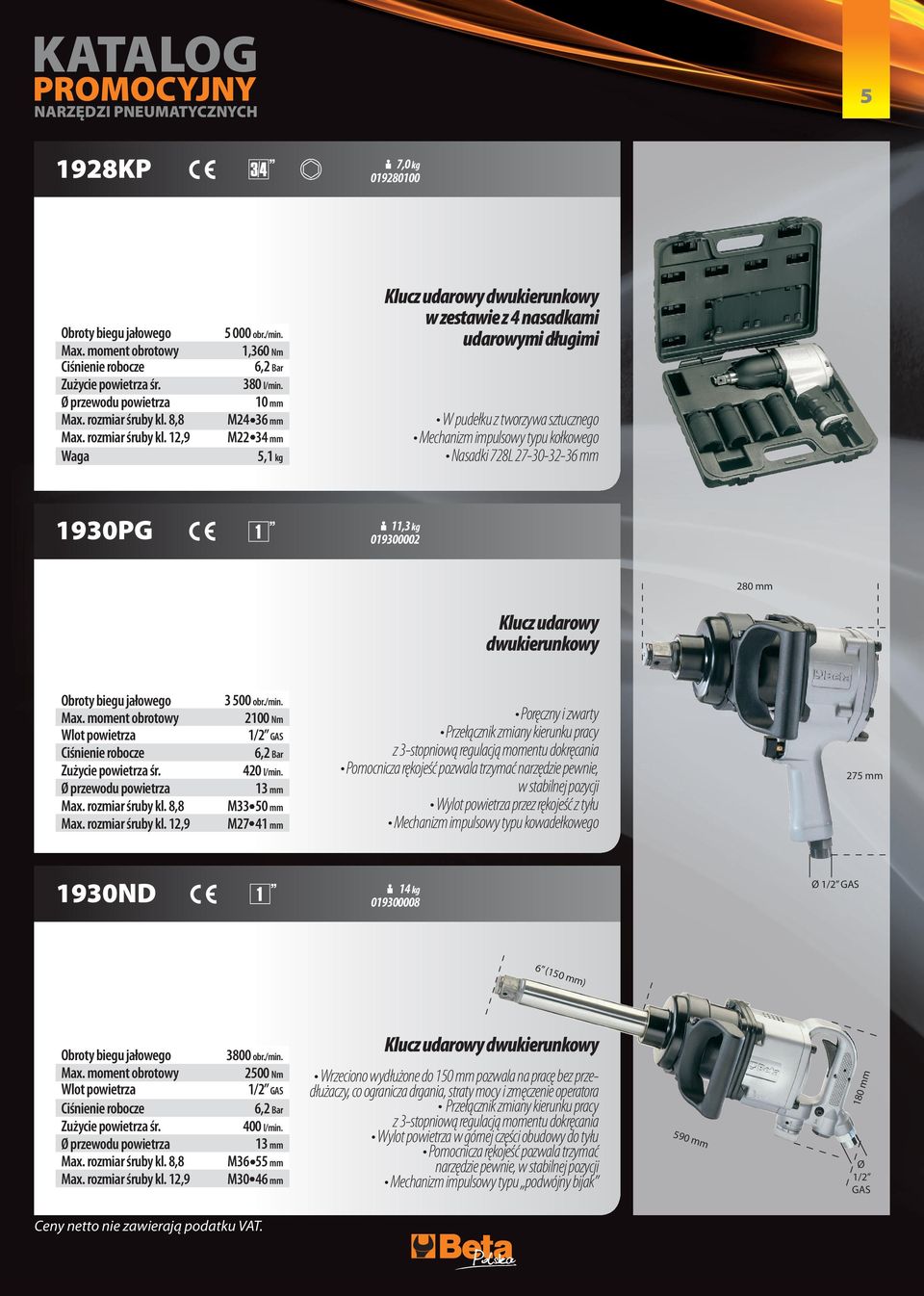 1930PG 019300002 280 Klucz udarowy dwukierunkowy 3 500 obr./min. 2100 Nm 1/2 420 l/min.