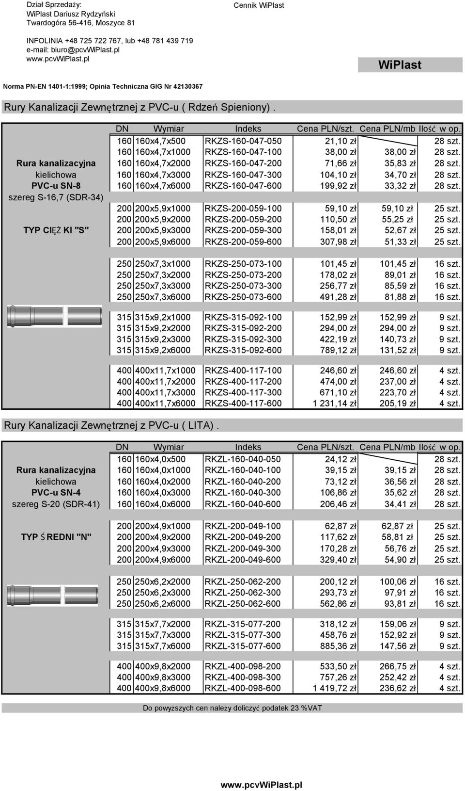 Rura kanalizacyjna 160 160x4,7x2000 RKZS-160-047-200 71,66 zł 35,83 zł 28 szt. kielichowa 160 160x4,7x3000 RKZS-160-047-300 104,10 zł 34,70 zł 28 szt.