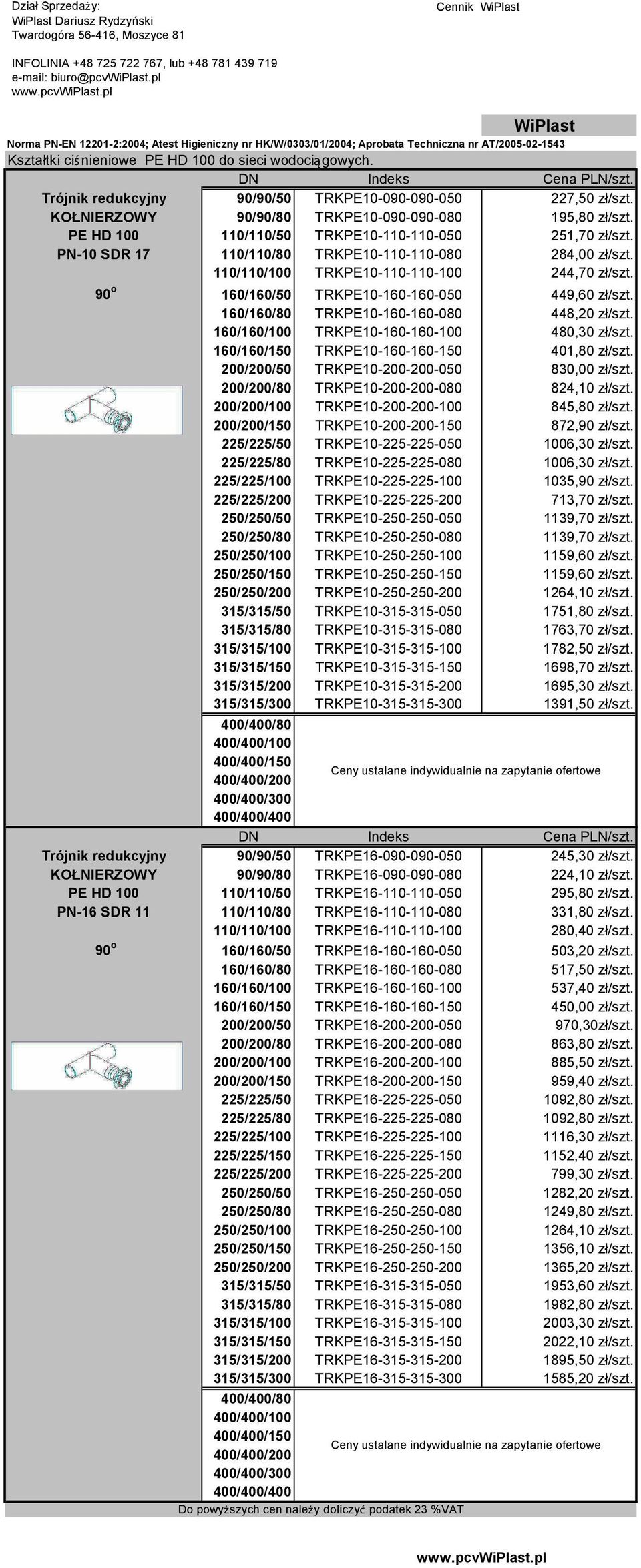 Trójnik redukcyjny 90/90/50 TRKPE10-090-090-050 227,50 zł/szt. KOŁNIERZOWY 90/90/80 TRKPE10-090-090-080 195,80 zł/szt. PE HD 100 110/110/50 TRKPE10-110-110-050 251,70 zł/szt.