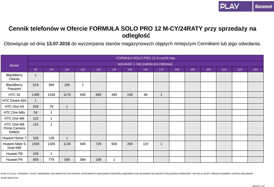 Model BlackBerry Classic BlackBerry Passport FORMUŁA SOLO PRO 2 m-cy/24 raty wysokość raty (opłata początkowa) 05 5 25 35 45 55 65 75 85 205 25 225 245 59