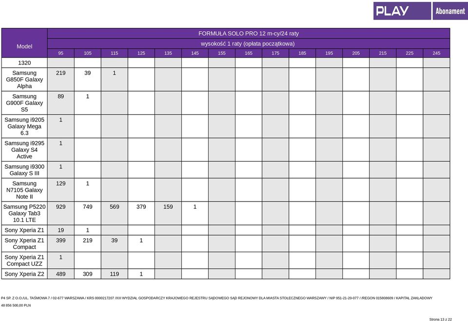 LTE FORMUŁA SOLO PRO 2 m-cy/24 raty wysokość raty (opłata początkowa) 05 5 25 35 45 55 65 75 85