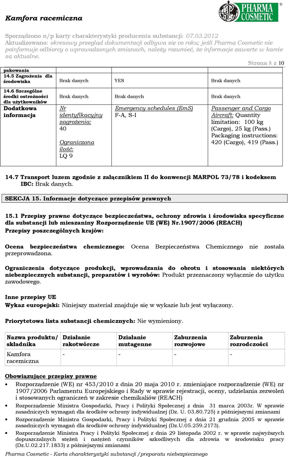 Passenger and Cargo Aircraft: Quantity limitation: 100 kg (Cargo), 25 kg (Pass.) Packaging instructions: 420 (Cargo), 419 (Pass.) 14.