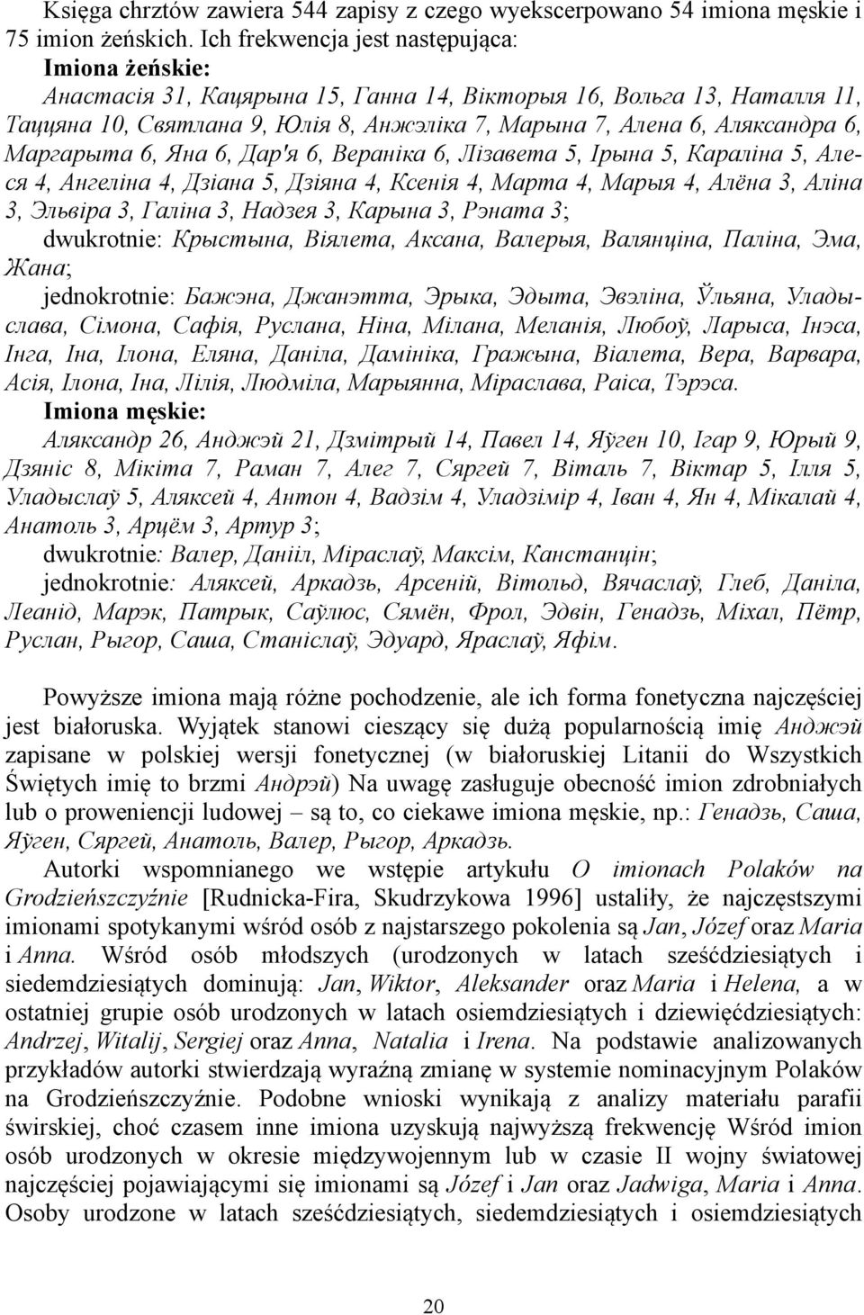 Маргарыта 6, Яна 6, Дар'я 6, Вераніка 6, Лізавета 5, Ірына 5, Караліна 5, Алеся 4, Ангеліна 4, Дзіана 5, Дзіяна 4, Ксенія 4, Марта 4, Марыя 4, Алёна 3, Аліна 3, Эльвіра 3, Галіна 3, Надзея 3, Карына
