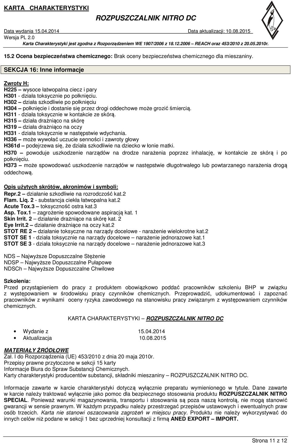 H302 działa szkodliwie po połknięciu H304 połknięcie i dostanie się przez drogi oddechowe może grozić śmiercią. H311 - działa toksycznie w kontakcie ze skórą.