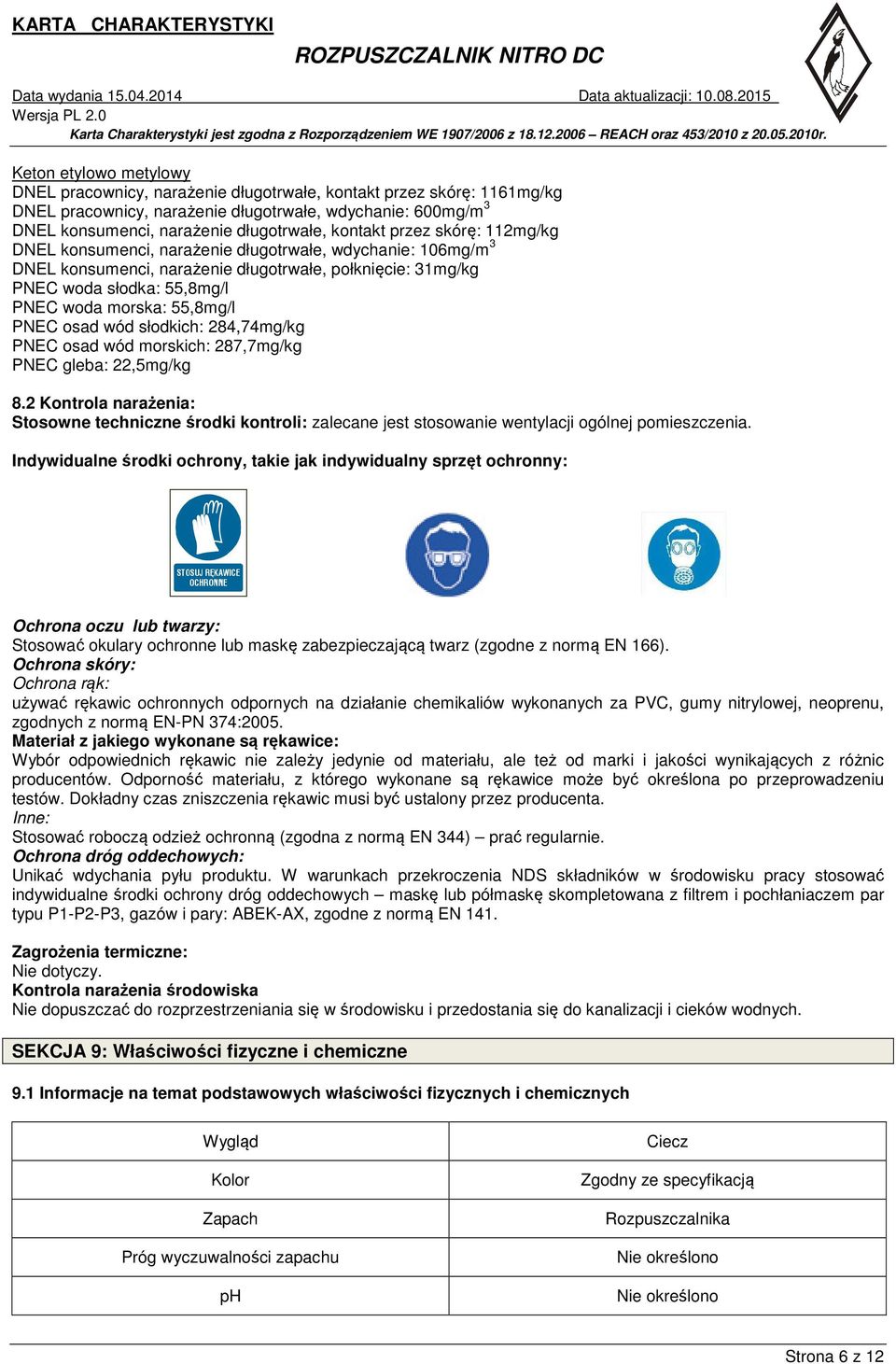 55,8mg/l PNEC osad wód słodkich: 284,74mg/kg PNEC osad wód morskich: 287,7mg/kg PNEC gleba: 22,5mg/kg 8.
