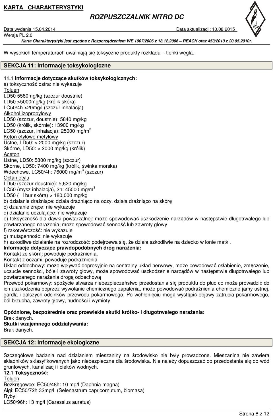 izopropylowy LD50 (szczur, doustnie): 5840 mg/kg LD50 (królik, skórnie): 13900 mg/kg LC50 (szczur, inhalacja): 25000 mg/m 3 Keton etylowo metylowy Ustne, LD50: > 2000 mg/kg (szczur) Skórne, LD50: >