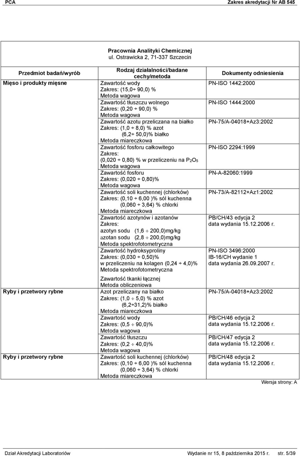 Metoda wagowa Zawartość azotu przeliczana na białko Zakres: (1,0 8,0) % azot (6,2 50,0)% białko Metoda miareczkowa Zawartość fosforu całkowitego Zakres: (0,020 0,80) % w przeliczeniu na P2O5 Metoda