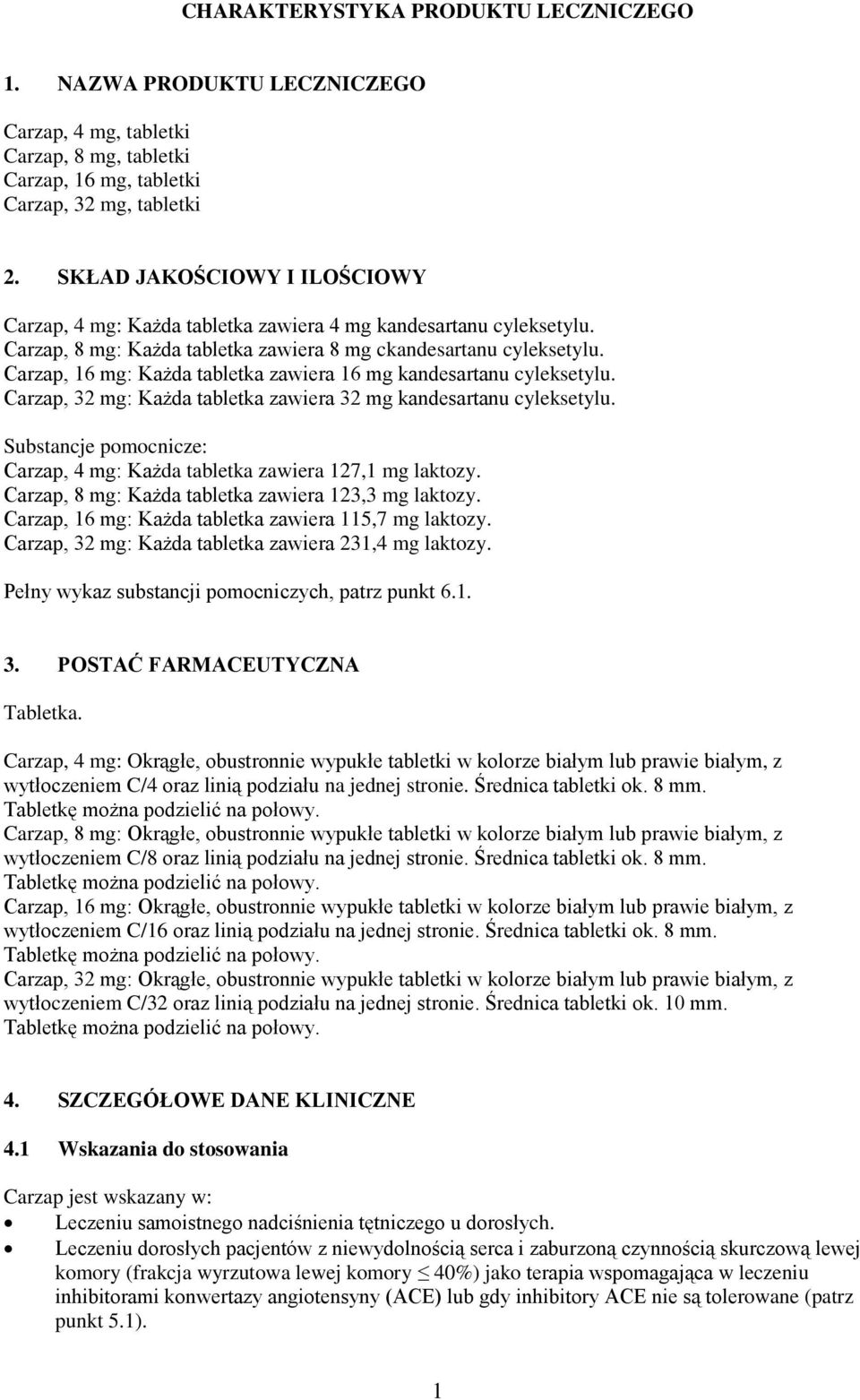 Carzap, 16 mg: Każda tabletka zawiera 16 mg kandesartanu cyleksetylu. Carzap, 32 mg: Każda tabletka zawiera 32 mg kandesartanu cyleksetylu.