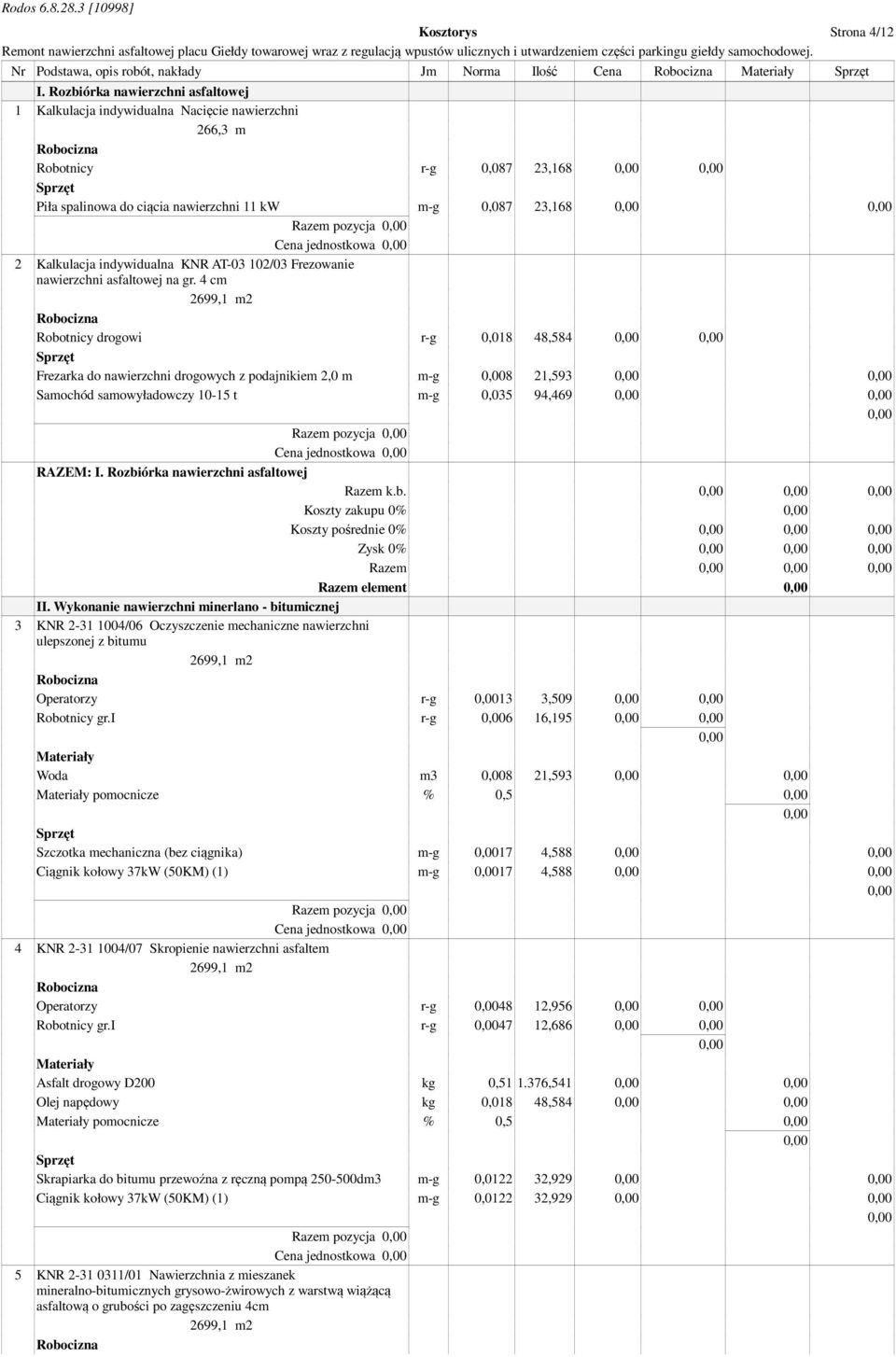 jednostkowa 2 Kalkulacja indywidualna KNR AT-03 102/03 Frezowanie nawierzchni asfaltowej na gr.