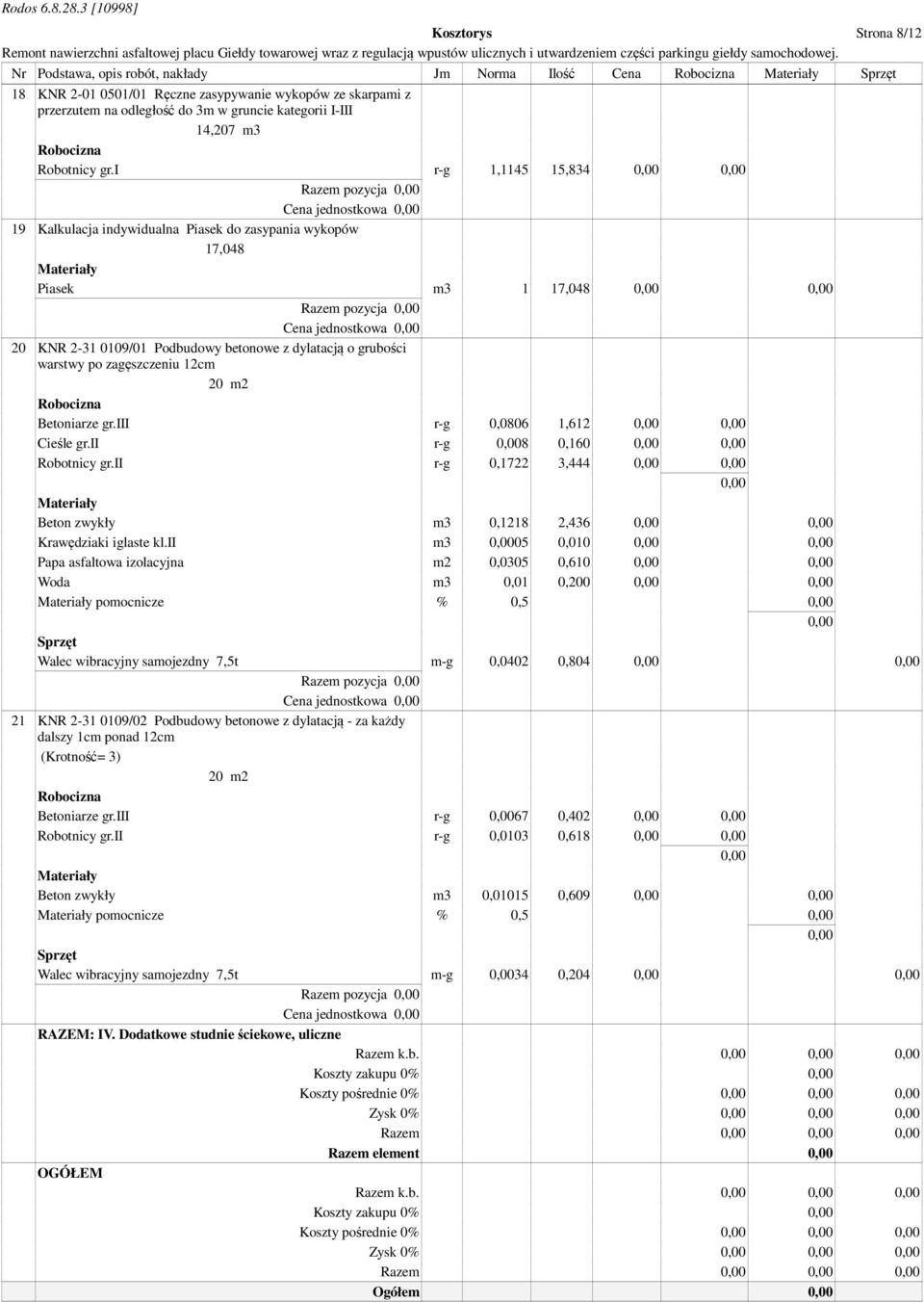 i r-g 1,1145 15,834 Razem pozycja Cena jednostkowa 19 Kalkulacja indywidualna Piasek do zasypania wykopów 17,048 Piasek m3 1 17,048 Razem pozycja Cena jednostkowa 20 KNR 2-31 0109/01 Podbudowy