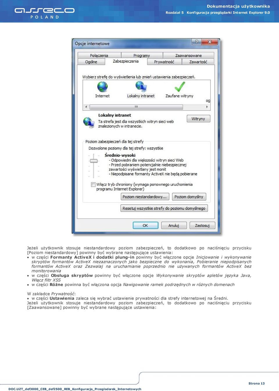 dodatki plung-in powinny być włączone opcje Inicj owanie i wykonywanie skryptów formantów ActiveX niezaznaczonych j ako bezpieczne do wykonania, Pobieranie niepodpisanych formantów ActiveX oraz
