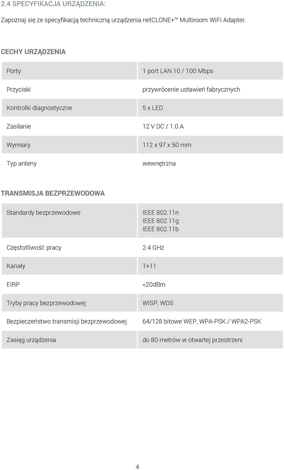 0 A Wymiary 112 x 97 x 50 mm Typ anteny wewnętrzna TRANSMISJA BEZPRZEWODOWA Standardy bezprzewodowe IEEE 802.11n IEEE 802.11g IEEE 802.