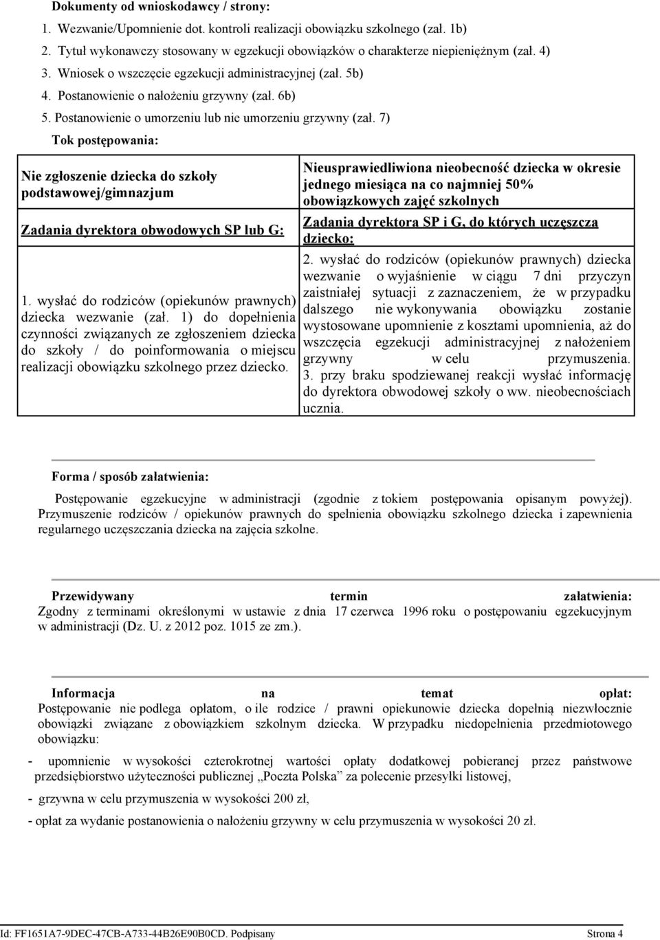 7) Tok postępowania: Nie zgłoszenie dziecka do szkoły podstawowej/gimnazjum Zadania dyrektora obwodowych SP lub G: 1. wysłać do rodziców (opiekunów prawnych) dziecka wezwanie (zał.