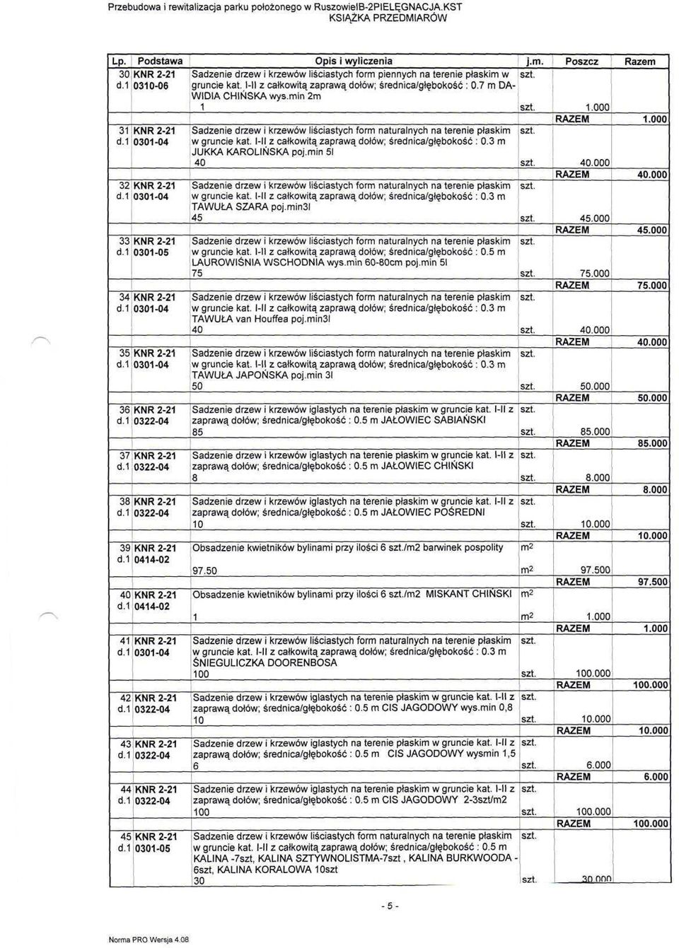 5 m LAUROWIŚNIA WSCHODNIA wys.min 60-80cm pój. min 5 75 TAWUŁA van Houffea poj.minsi 40 KNR 2-2 l 030-04 i TAWUŁA JAPOŃSKA pój. min 3 50 KNR 2-2 j 0322-04 zaprawą dołów; średnica/głębokość : 0.