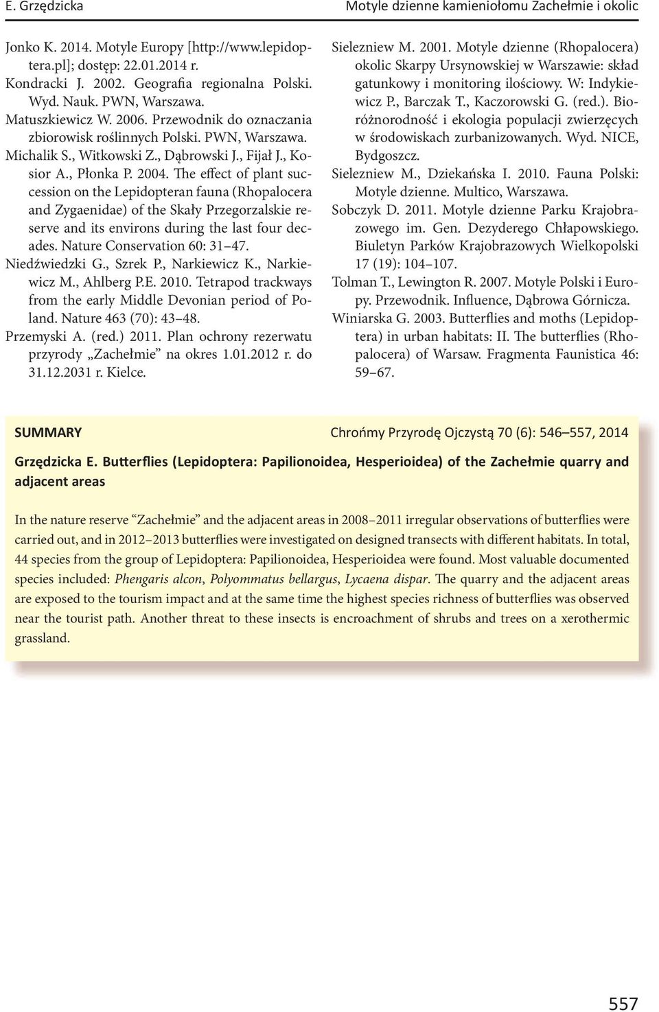 The effect of plant succession on the Lepidopteran fauna (Rhopalocera and Zygaenidae) of the Skały Przegorzalskie reserve and its environs during the last four decades. Nature Conservation 60: 31 47.