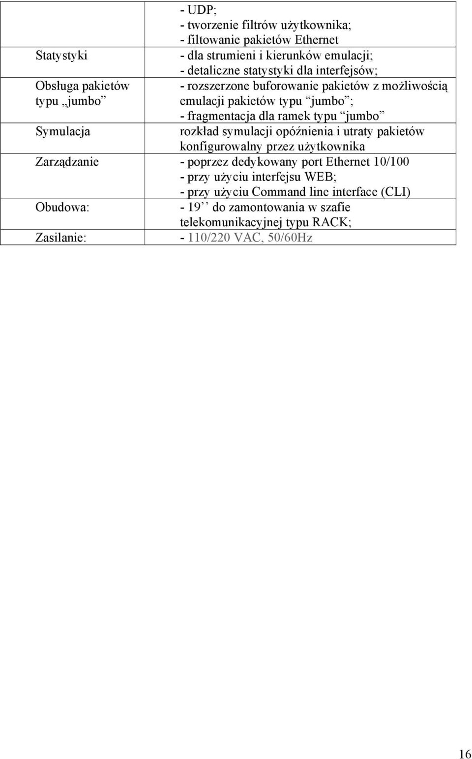 typu jumbo rozkład symulacji opóźnienia i utraty pakietów konfigurowalny przez użytkownika Zarządzanie - poprzez dedykowany port Ethernet 10/100 - przy