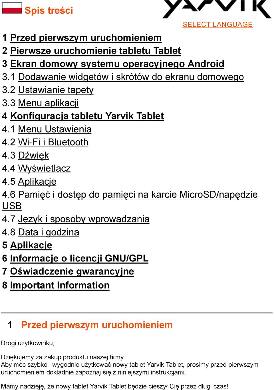 6 Pamięć i dostęp do pamięci na karcie MicroSD/napędzie USB 4.7 Język i sposoby wprowadzania 4.