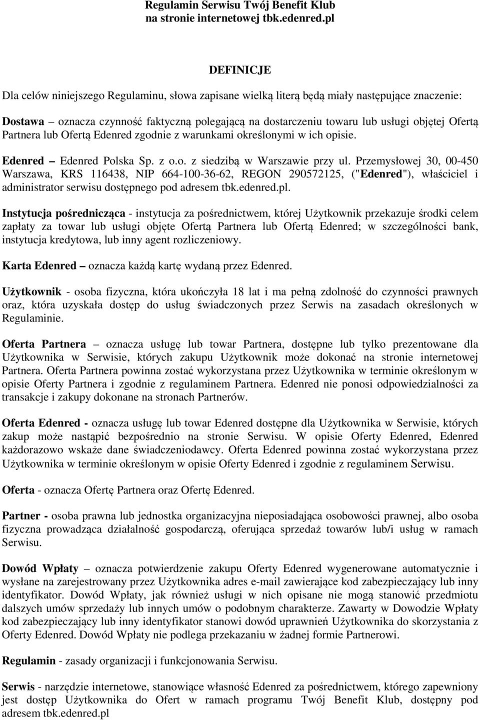 Regulamin Serwisu Twój Benefit Klub na stronie internetowej tbk.edenred.pl  DEFINICJE - PDF Free Download