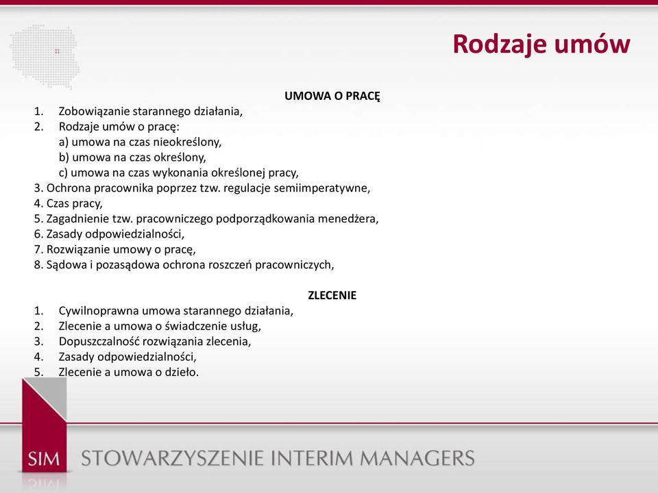 regulacje semiimperatywne, 4. Czas pracy, 5. Zagadnienie tzw. pracowniczego podporządkowania menedżera, 6. Zasady odpowiedzialności, 7.