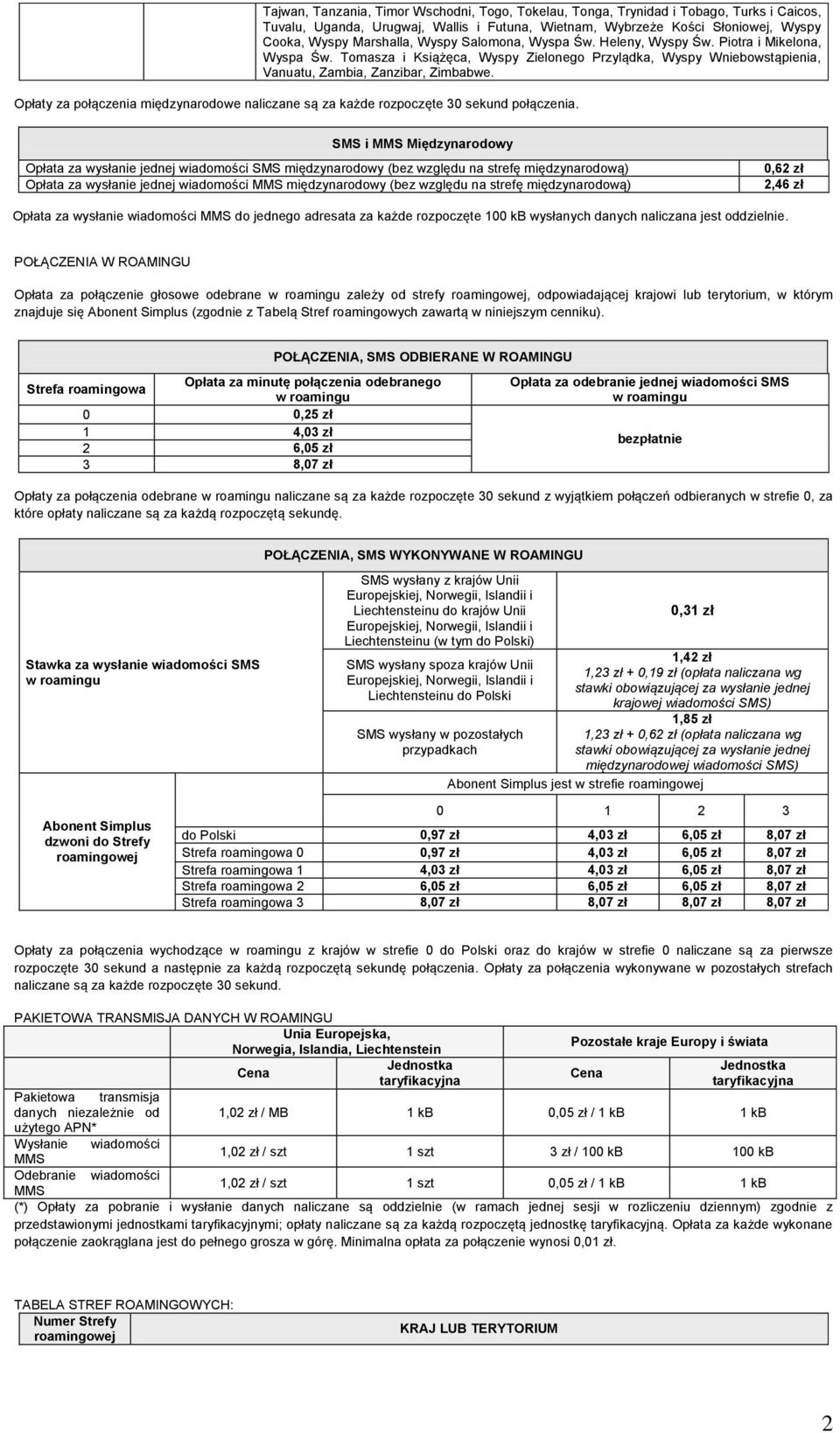 Opłaty za połączenia międzynarodowe naliczane są za każde rozpoczęte 30 sekund połączenia.