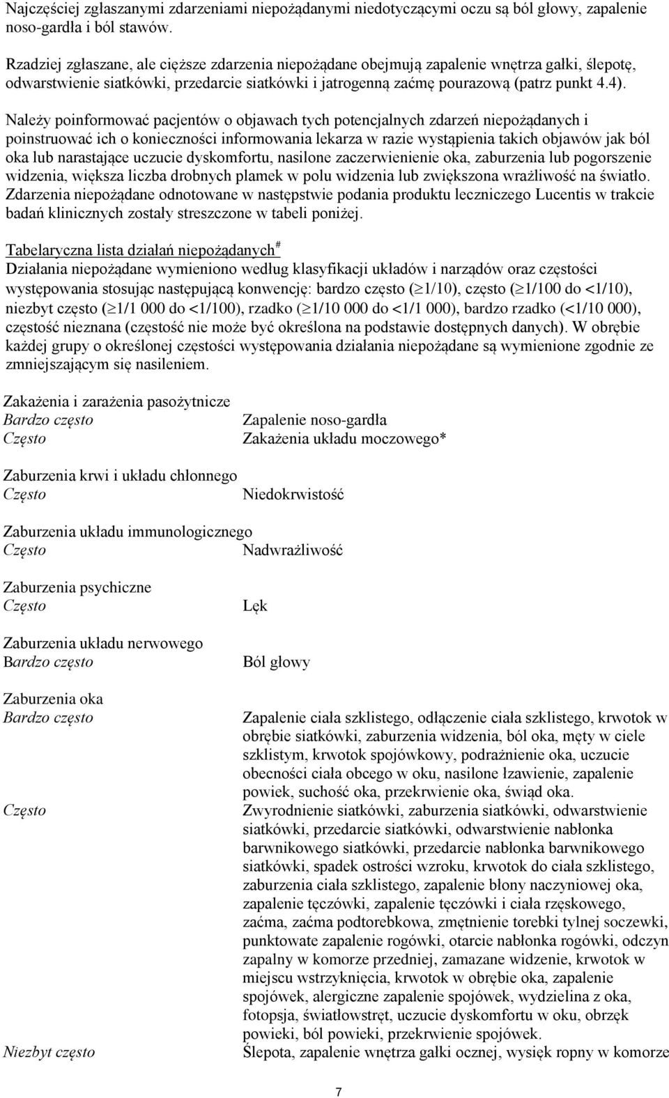 Należy poinformować pacjentów o objawach tych potencjalnych zdarzeń niepożądanych i poinstruować ich o konieczności informowania lekarza w razie wystąpienia takich objawów jak ból oka lub narastające
