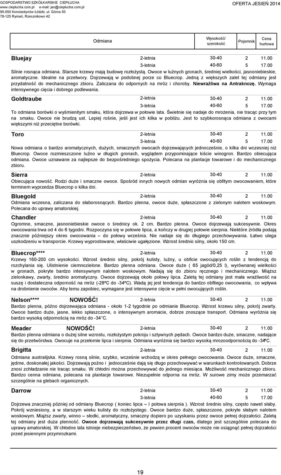 Niewrażliwa na Antraknozę. Wymaga intensywnego cięcia i dobrego podlewania. Goldtraube 2-letnia 30-40 3-letnia 40-60 5 17.00 To odmiana borówki o wyśmienitym smaku, która dojrzewa w połowie lata.