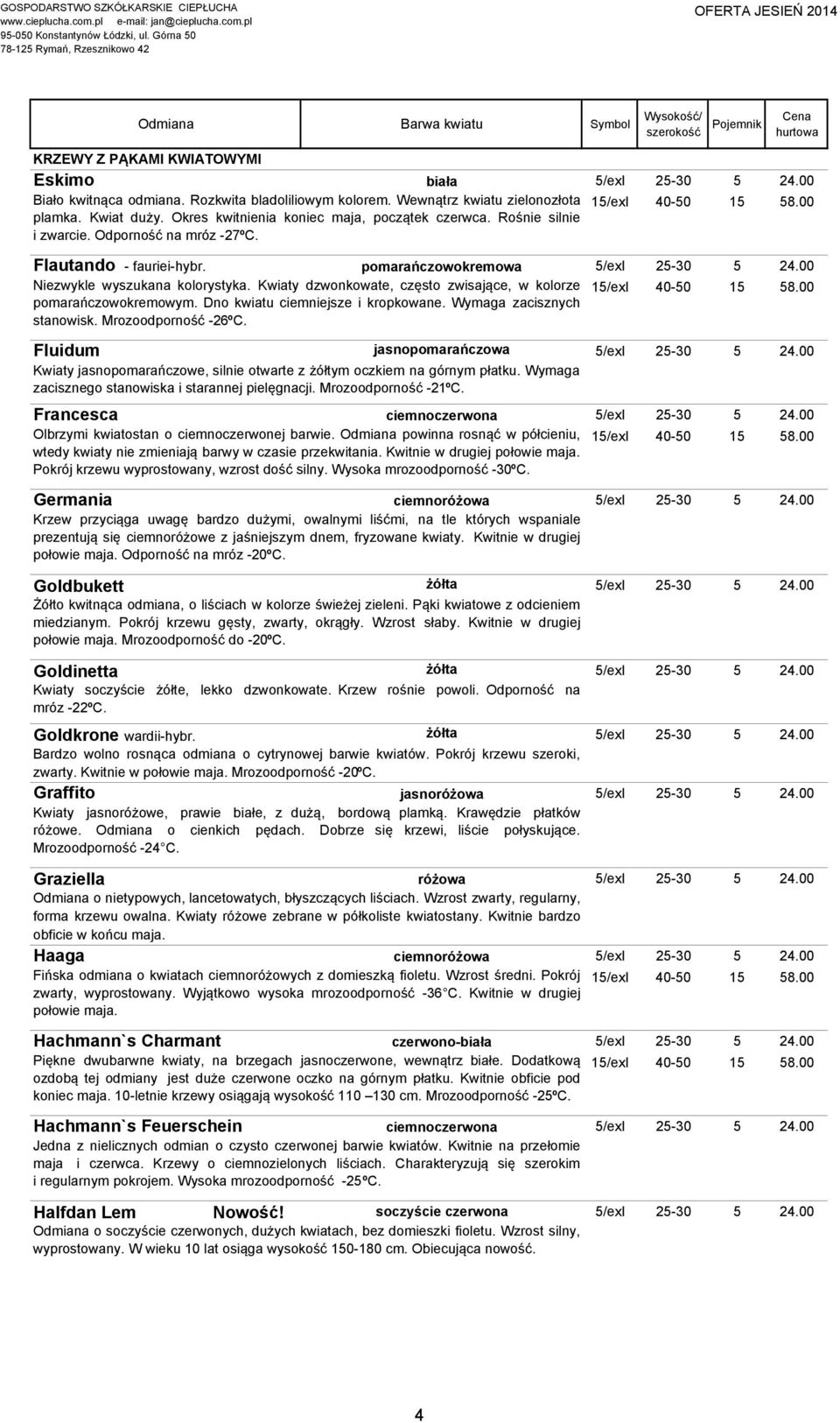 00 Niezwykle wyszukana kolorystyka. Kwiaty dzwonkowate, często zwisające, w kolorze 15/exI 15 58.00 pomarańczowokremowym. Dno kwiatu ciemniejsze i kropkowane. Wymaga zacisznych stanowisk.