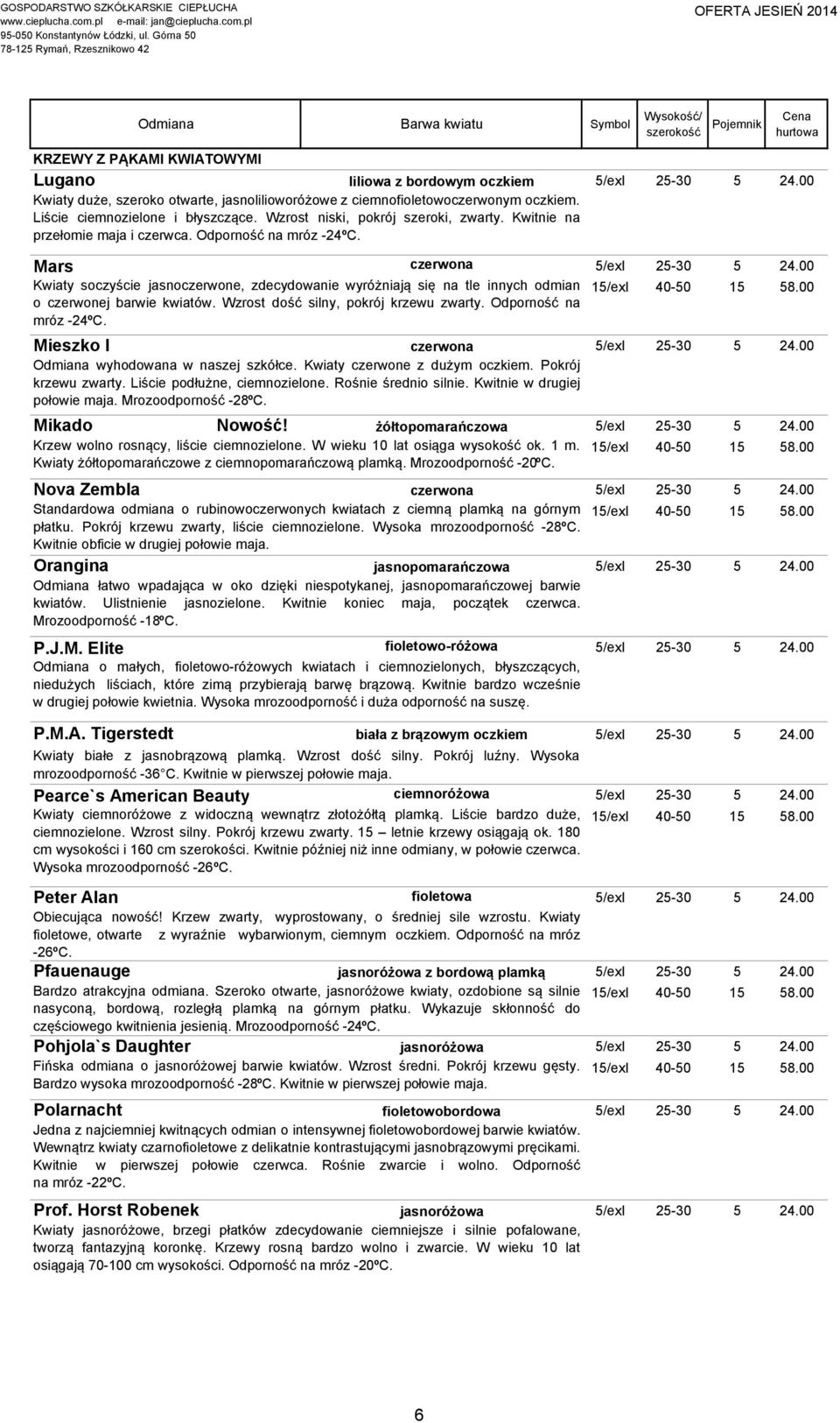 00 Kwiaty soczyście jasnoczerwone, zdecydowanie wyróżniają się na tle innych odmian 15/exI 15 58.00 o czerwonej barwie kwiatów. Wzrost dość silny, pokrój krzewu zwarty. Odporność na mróz -24ºC.