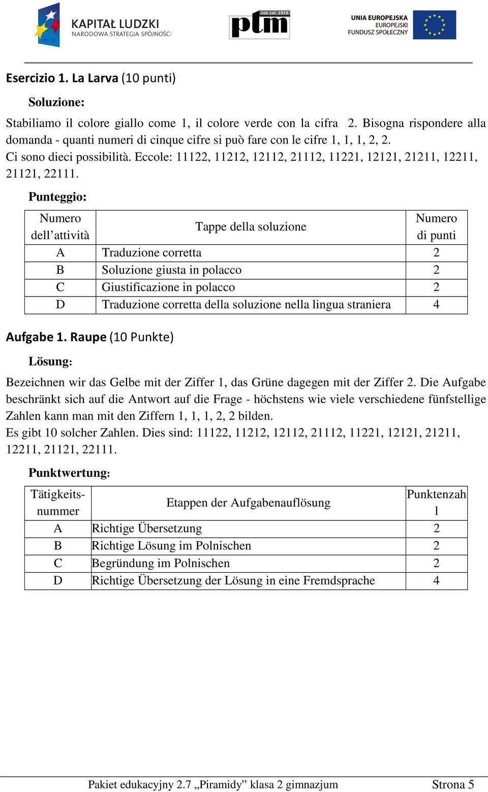 Punteggio: Numero dell attività Tappe della soluzione Numero di punti A Traduzione corretta B Soluzione giusta in polacco C Giustificazione in polacco D Traduzione corretta della soluzione nella