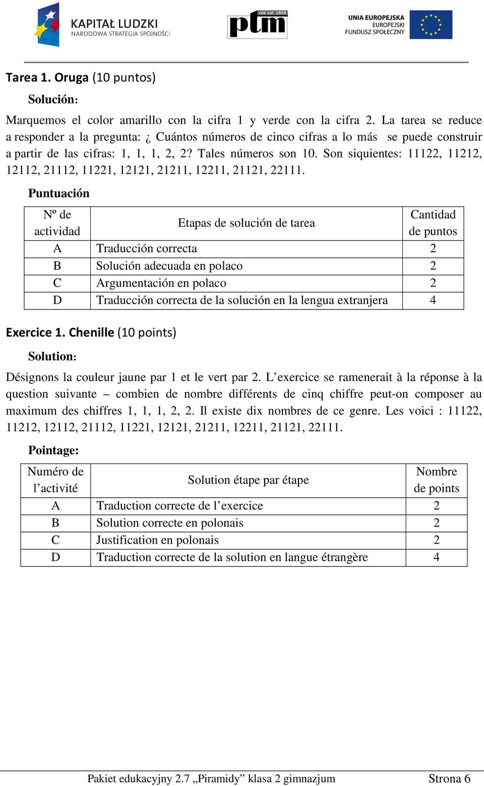 Puntuación Nº de actividad Etapas de solución de tarea Cantidad de puntos A Traducción correcta B Solución adecuada en polaco C Argumentación en polaco D Traducción correcta de la solución en la