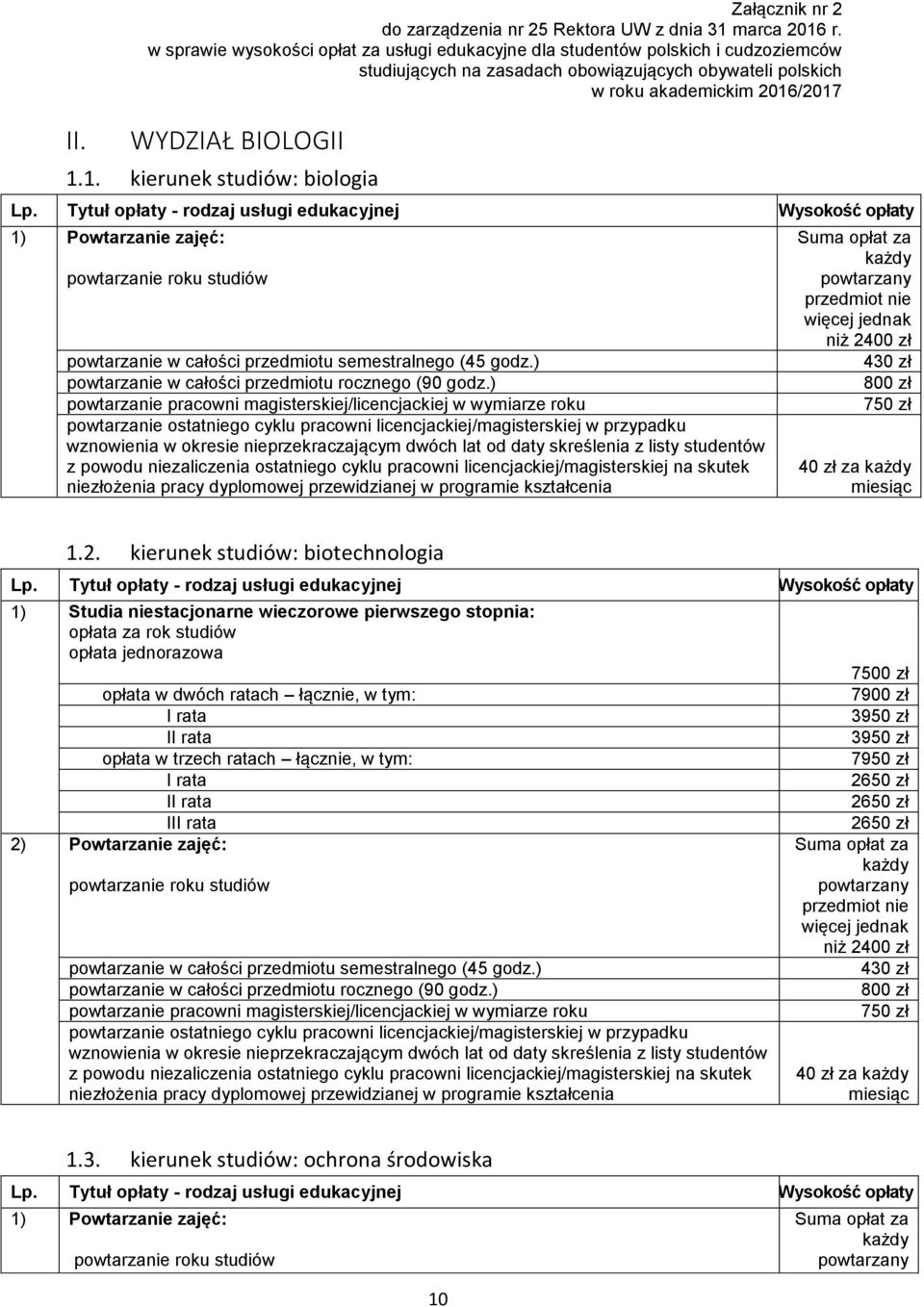/2017 WYDZIAŁ BIOLOGII 1.1. kierunek studiów: biologia 1) Powtarzanie zajęć: powtarzanie roku studiów powtarzanie w całości przedmiotu semestralnego (45 godz.