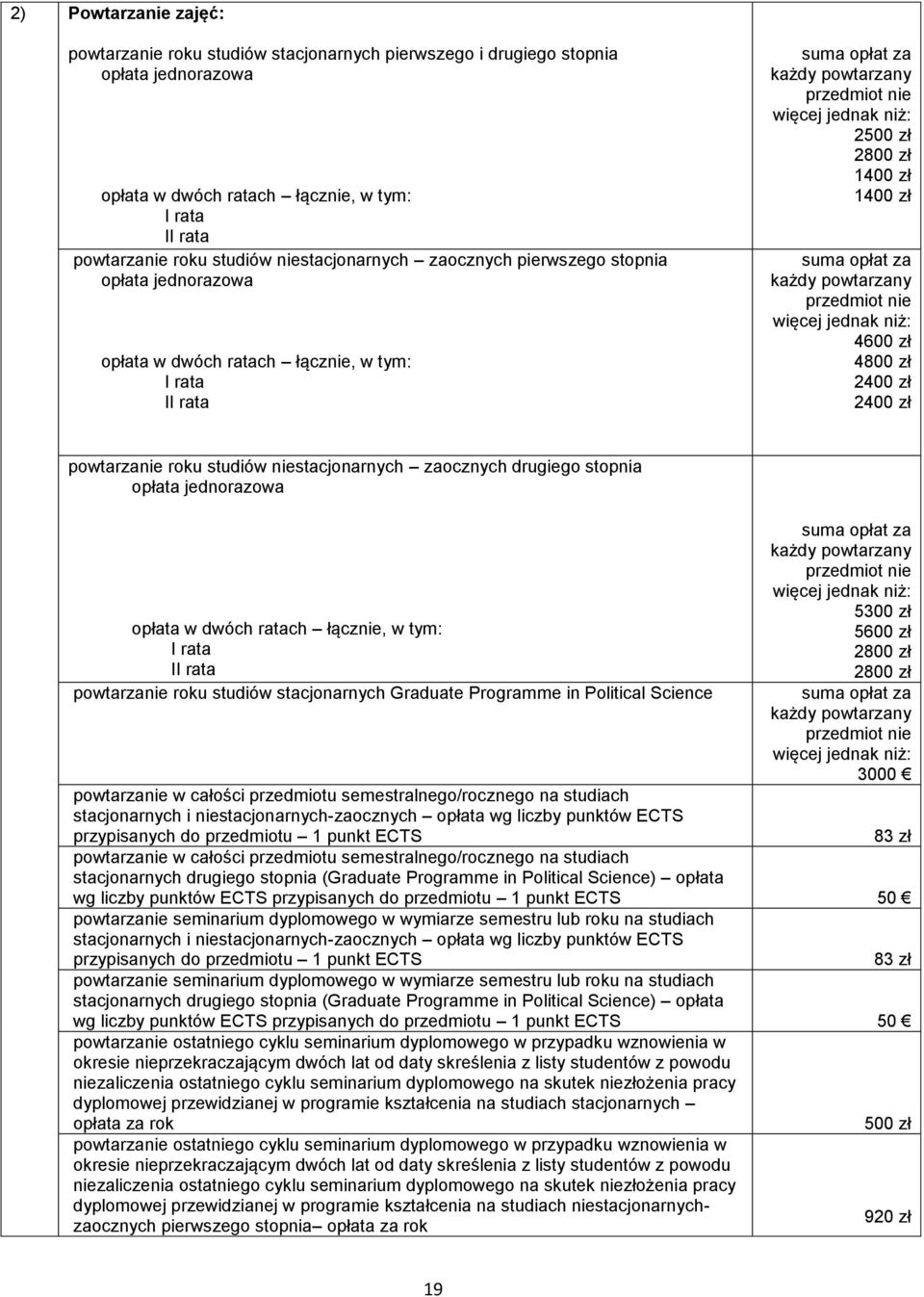 przedmiotu semestralnego/rocznego na studiach stacjonarnych i niestacjonarnych-zaocznych opłata wg liczby punktów ECTS przypisanych do przedmiotu 1 punkt ECTS niż: 5 5 2800 zł 2800 zł niż: 3000 83 zł