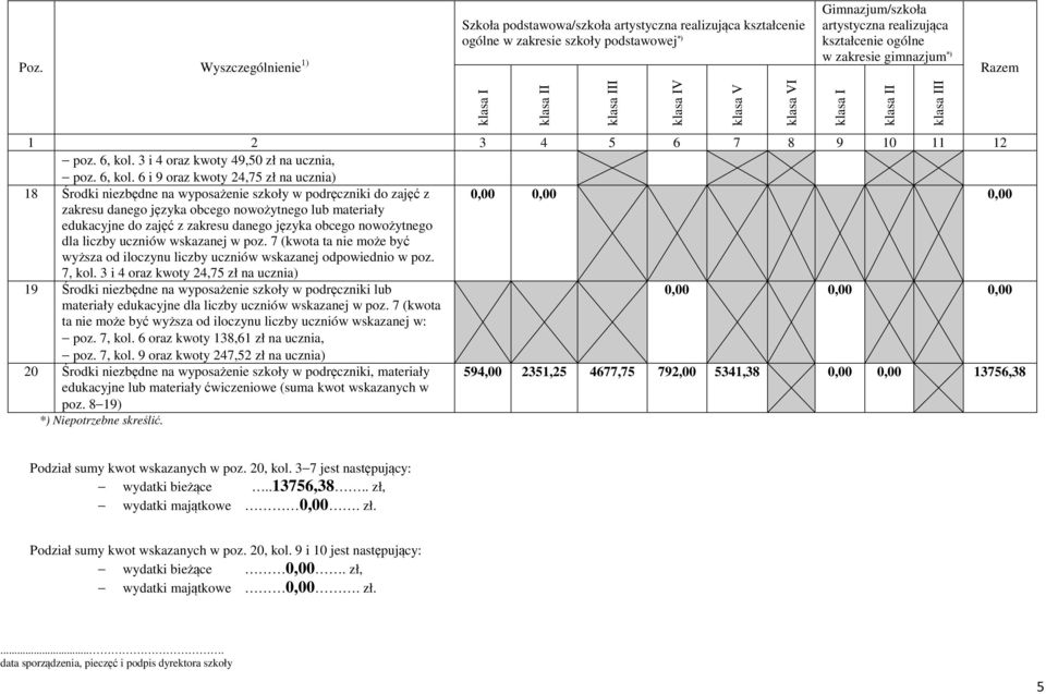 7, kol. 6 oraz kwoty 138,61 zł na ucznia, poz. 7, kol.