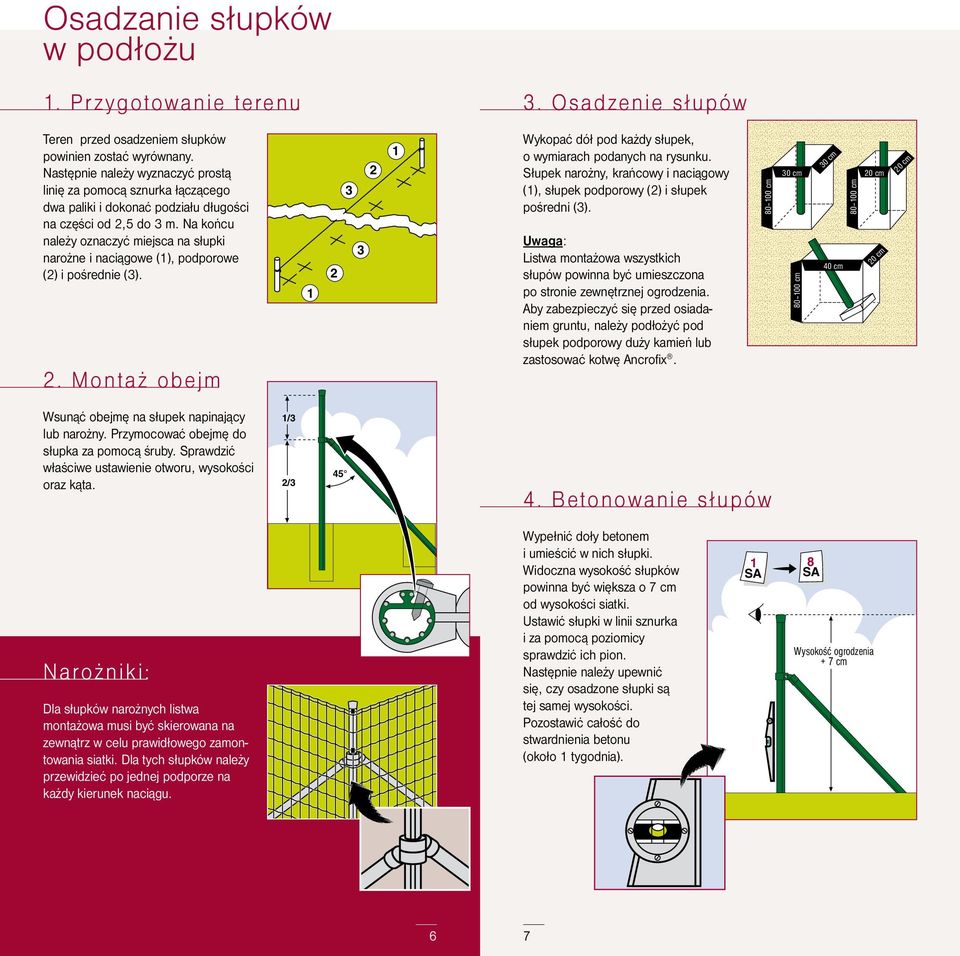 Na końcu należy oznaczyć miejsca na słupki narożne i naciągowe (), podporowe () i pośrednie (3).. Montaż obejm Wykopać dół pod każdy słupek, o wymiarach podanych na rysunku.