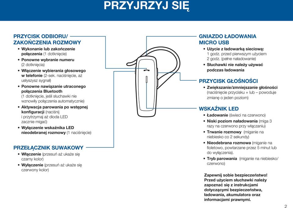 (naciśnij i przytrzymaj aż dioda LED zacznie migać) Wyłączenie wskaźnika LED nieodebranej rozmowy (1 naciśnięcie) PRZEŁĄCZNIK SUWAKOWY Włączenie (przesuń aż ukaże się czarny kolor) Wyłączenie