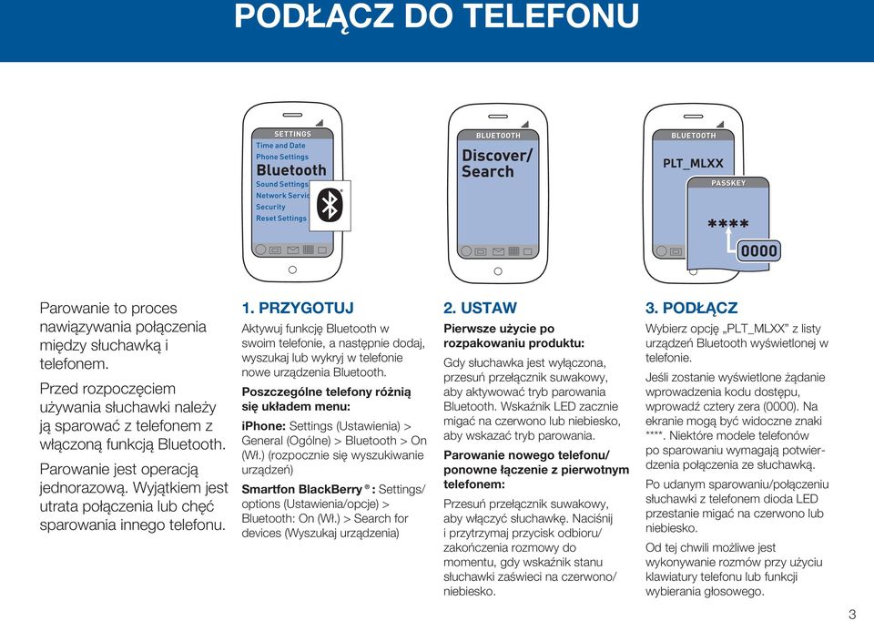 PRZYGOTUJ Aktywuj funkcję Bluetooth w swoim telefonie, a następnie dodaj, wyszukaj lub wykryj w telefonie nowe urządzenia Bluetooth.