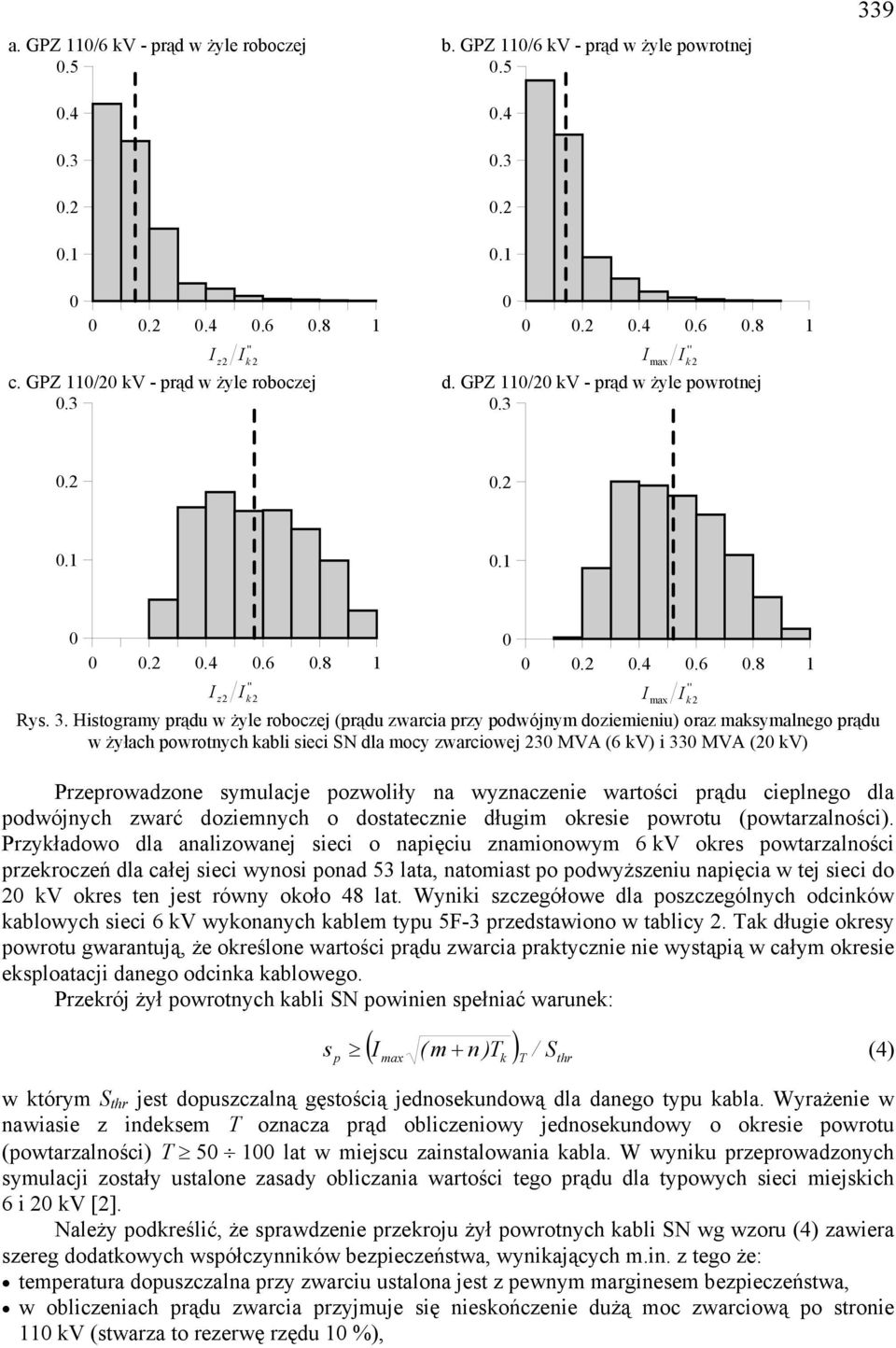 Histogramy rądu w żyle roboczej (rądu zwarcia rzy odwójnym doziemieniu) oraz maksymalnego rądu w żyłach owrotnych kabli sieci SN dla mocy zwarciowej 230 MVA (6 kv) i 330 MVA (20 kv) Przerowadzone