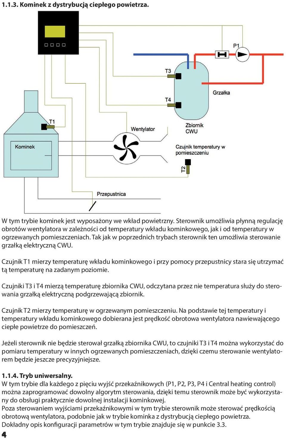Tak jak w poprzednich trybach sterownik ten umożliwia sterowanie grzałką elektryczną CWU.