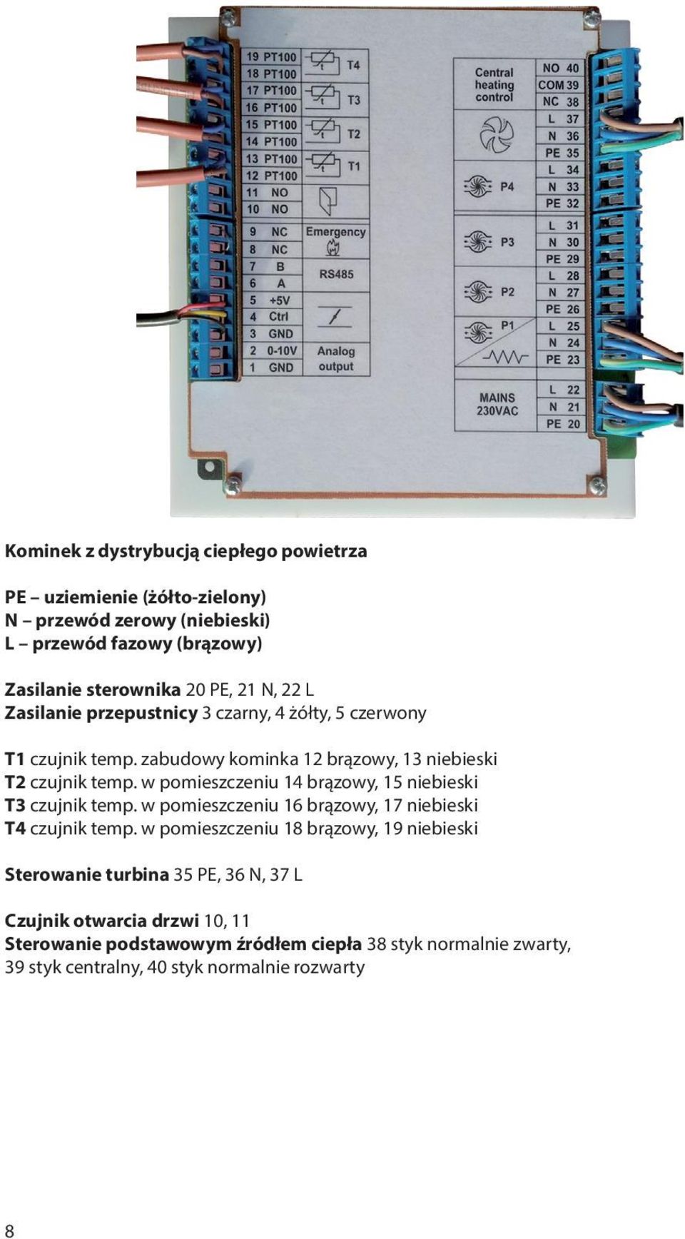 w pomieszczeniu 14 brązowy, 15 niebieski T3 czujnik temp. w pomieszczeniu 16 brązowy, 17 niebieski T4 czujnik temp.